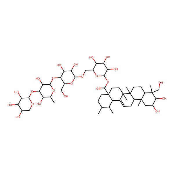 2D Structure of [6-[[5-[3,5-dihydroxy-6-methyl-4-(3,4,5-trihydroxyoxan-2-yl)oxyoxan-2-yl]oxy-3,4-dihydroxy-6-(hydroxymethyl)oxan-2-yl]oxymethyl]-3,4,5-trihydroxyoxan-2-yl] 10,11-dihydroxy-9-(hydroxymethyl)-1,2,6a,6b,9,12a-hexamethyl-2,3,4,5,6,6a,7,8,8a,10,11,12,13,14b-tetradecahydro-1H-picene-4a-carboxylate