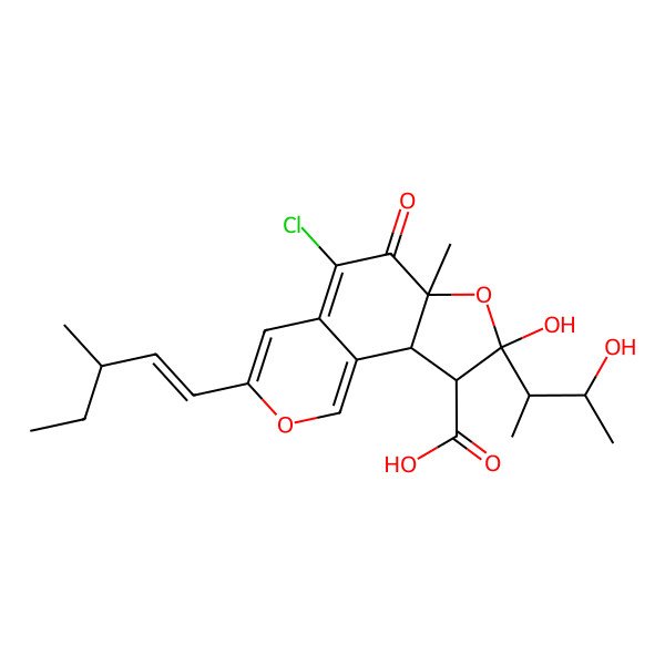 2D Structure of (6aS,8R,9S,9aS)-5-chloro-8-hydroxy-8-[(2R,3S)-3-hydroxybutan-2-yl]-6a-methyl-3-[(E,3S)-3-methylpent-1-enyl]-6-oxo-9,9a-dihydrofuro[2,3-h]isochromene-9-carboxylic acid