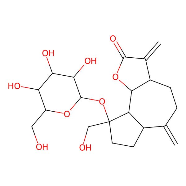 2D Structure of (3aS,6aR,9R,9aS,9bS)-9-(hydroxymethyl)-3,6-dimethylidene-9-[(2S,3R,4S,5S,6R)-3,4,5-trihydroxy-6-(hydroxymethyl)oxan-2-yl]oxy-3a,4,5,6a,7,8,9a,9b-octahydroazuleno[4,5-b]furan-2-one
