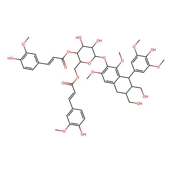 2D Structure of [4,5-Dihydroxy-6-[[8-(4-hydroxy-3,5-dimethoxyphenyl)-6,7-bis(hydroxymethyl)-1,3-dimethoxy-5,6,7,8-tetrahydronaphthalen-2-yl]oxy]-3-[3-(4-hydroxy-3-methoxyphenyl)prop-2-enoyloxy]oxan-2-yl]methyl 3-(4-hydroxy-3-methoxyphenyl)prop-2-enoate