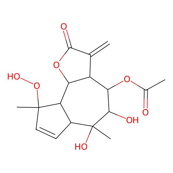 2D Structure of (9-Hydroperoxy-5,6-dihydroxy-6,9-dimethyl-3-methylidene-2-oxo-3a,4,5,6a,9a,9b-hexahydroazuleno[4,5-b]furan-4-yl) acetate