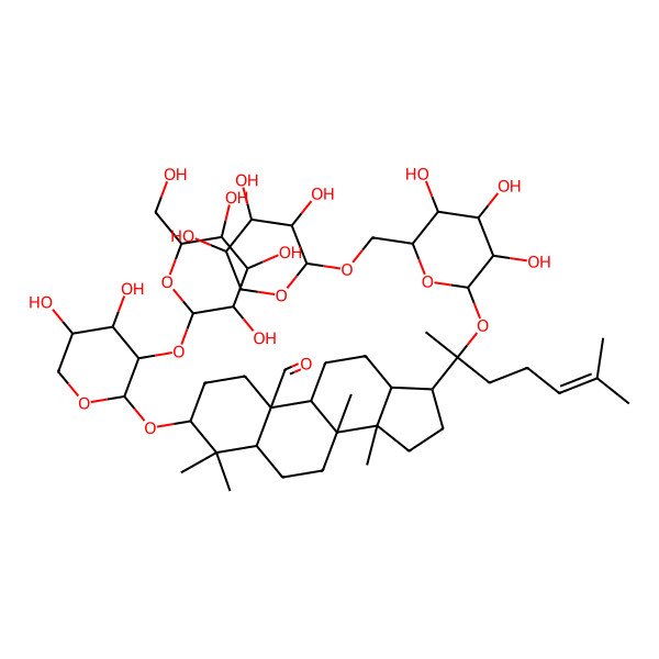 2D Structure of (3S,5S,8R,9S,10S,13R,14R,17S)-3-[(2S,3R,4S,5S)-4,5-dihydroxy-3-[(2S,3R,4S,5S,6R)-3,4,5-trihydroxy-6-(hydroxymethyl)oxan-2-yl]oxyoxan-2-yl]oxy-4,4,8,14-tetramethyl-17-[(2R)-6-methyl-2-[(2S,3R,4S,5S,6R)-3,4,5-trihydroxy-6-[[(2S,3R,4S,5R)-3,4,5-trihydroxyoxan-2-yl]oxymethyl]oxan-2-yl]oxyhept-5-en-2-yl]-2,3,5,6,7,9,11,12,13,15,16,17-dodecahydro-1H-cyclopenta[a]phenanthrene-10-carbaldehyde