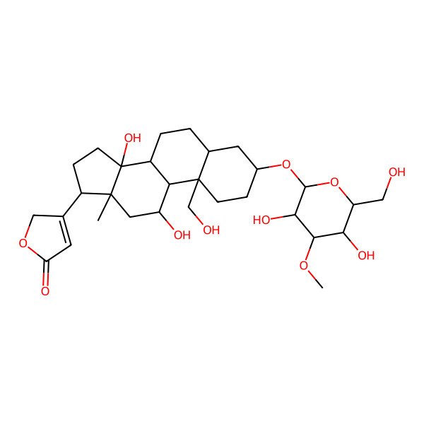 2D Structure of 3-[(3S,5R,8R,9S,10R,11R,13R,14S,17R)-3-[(2R,3R,4S,5R,6R)-3,5-dihydroxy-6-(hydroxymethyl)-4-methoxyoxan-2-yl]oxy-11,14-dihydroxy-10-(hydroxymethyl)-13-methyl-1,2,3,4,5,6,7,8,9,11,12,15,16,17-tetradecahydrocyclopenta[a]phenanthren-17-yl]-2H-furan-5-one