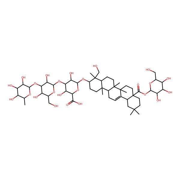 2D Structure of (2S,3S,4S,5R,6R)-6-[[(3S,4R,4aR,6aR,6bS,8aR,12aS,14aR,14bR)-4-(hydroxymethyl)-4,6a,6b,11,11,14b-hexamethyl-8a-[(2S,3R,4S,5S,6R)-3,4,5-trihydroxy-6-(hydroxymethyl)oxan-2-yl]oxycarbonyl-1,2,3,4a,5,6,7,8,9,10,12,12a,14,14a-tetradecahydropicen-3-yl]oxy]-4-[(2S,3R,4S,5S,6R)-3,5-dihydroxy-6-(hydroxymethyl)-4-[(2S,3R,4R,5R,6S)-3,4,5-trihydroxy-6-methyloxan-2-yl]oxyoxan-2-yl]oxy-3,5-dihydroxyoxane-2-carboxylic acid
