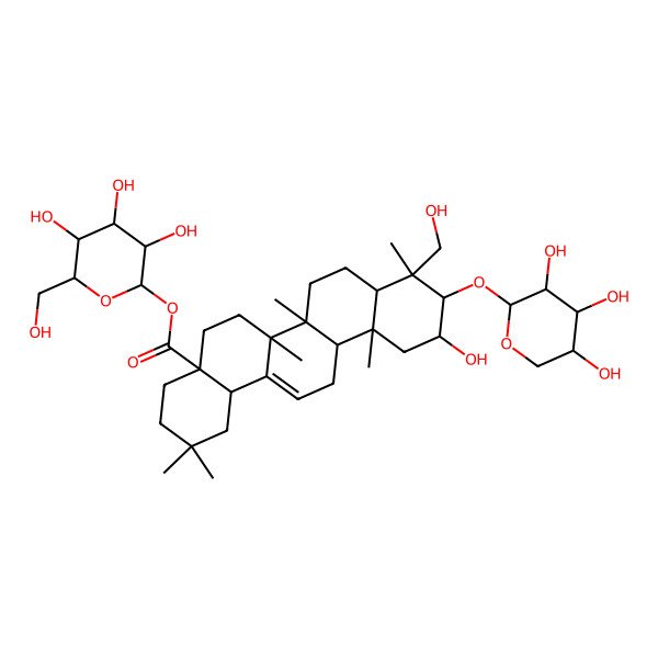 2D Structure of [3,4,5-Trihydroxy-6-(hydroxymethyl)oxan-2-yl] 11-hydroxy-9-(hydroxymethyl)-2,2,6a,6b,9,12a-hexamethyl-10-(3,4,5-trihydroxyoxan-2-yl)oxy-1,3,4,5,6,6a,7,8,8a,10,11,12,13,14b-tetradecahydropicene-4a-carboxylate