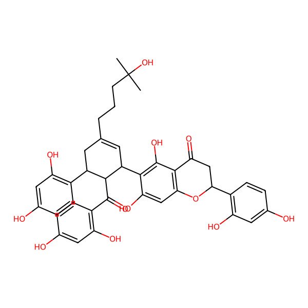 2D Structure of 6-[(1R,5S,6R)-6-(2,4-dihydroxybenzoyl)-5-(2,4-dihydroxyphenyl)-3-(4-hydroxy-4-methylpentyl)cyclohex-2-en-1-yl]-2-(2,4-dihydroxyphenyl)-5,7-dihydroxy-2,3-dihydrochromen-4-one