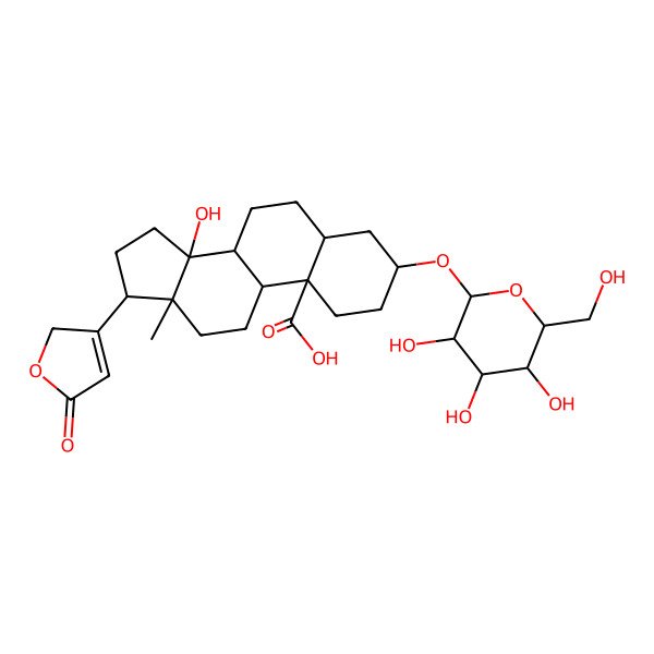 2D Structure of 14-hydroxy-13-methyl-17-(5-oxo-2H-furan-3-yl)-3-[3,4,5-trihydroxy-6-(hydroxymethyl)oxan-2-yl]oxy-1,2,3,4,5,6,7,8,9,11,12,15,16,17-tetradecahydrocyclopenta[a]phenanthrene-10-carboxylic acid