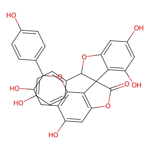 2D Structure of (2R,2'R,3R,3'S)-3',4,5',6-tetrahydroxy-2,2'-bis(4-hydroxyphenyl)spiro[2H-1-benzofuran-3,9'-3,4-dihydro-2H-furo[2,3-h]chromene]-8'-one