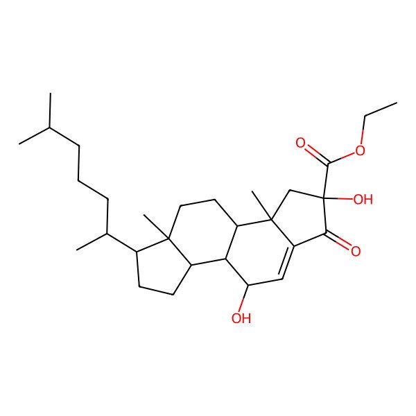 2D Structure of Ethyl 2,9-dihydroxy-3a,5a-dimethyl-6-(6-methylheptan-2-yl)-1-oxo-3,3b,4,5,6,7,8,8a,8b,9-decahydroindeno[5,4-e]indene-2-carboxylate