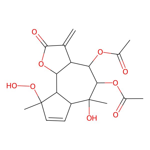 2D Structure of (5-Acetyloxy-9-hydroperoxy-6-hydroxy-6,9-dimethyl-3-methylidene-2-oxo-3a,4,5,6a,9a,9b-hexahydroazuleno[4,5-b]furan-4-yl) acetate