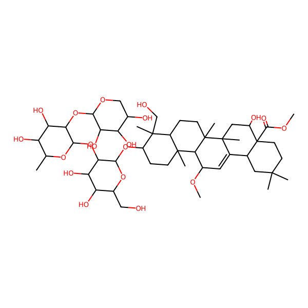 2D Structure of Methyl 10-[3-[4,5-dihydroxy-6-methyl-3-(3,4,5-trihydroxyoxan-2-yl)oxyoxan-2-yl]oxy-4,5-dihydroxy-6-(hydroxymethyl)oxan-2-yl]oxy-5-hydroxy-9-(hydroxymethyl)-13-methoxy-2,2,6a,6b,9,12a-hexamethyl-1,3,4,5,6,6a,7,8,8a,10,11,12,13,14b-tetradecahydropicene-4a-carboxylate