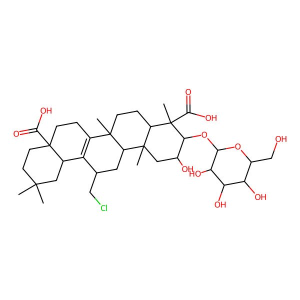 2D Structure of (2S,3S,4R,4aS,6aS,8aR,12aR,13S,14aS,14bS)-13-(chloromethyl)-2-hydroxy-4,6a,11,11,14b-pentamethyl-3-[(2R,3R,4S,5S,6R)-3,4,5-trihydroxy-6-(hydroxymethyl)oxan-2-yl]oxy-2,3,4a,5,6,7,8,9,10,12,12a,13,14,14a-tetradecahydro-1H-picene-4,8a-dicarboxylic acid
