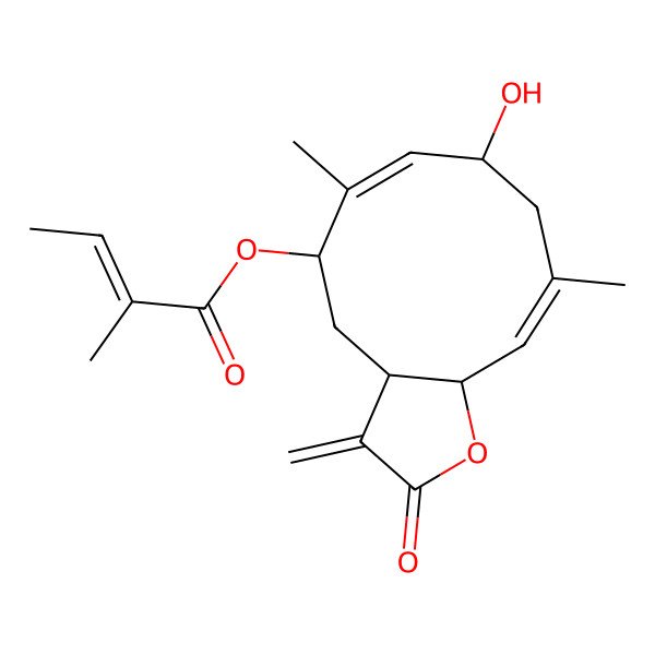 2D Structure of [(3aS,5S,6E,8R,10E,11aR)-8-hydroxy-6,10-dimethyl-3-methylidene-2-oxo-3a,4,5,8,9,11a-hexahydrocyclodeca[b]furan-5-yl] (Z)-2-methylbut-2-enoate