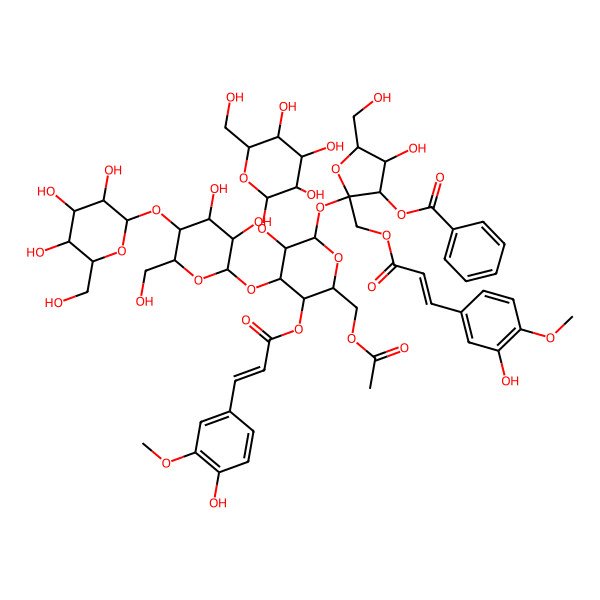 2D Structure of [2-[6-(Acetyloxymethyl)-4-[3,4-dihydroxy-6-(hydroxymethyl)-5-[3,4,5-trihydroxy-6-(hydroxymethyl)oxan-2-yl]oxyoxan-2-yl]oxy-5-[3-(4-hydroxy-3-methoxyphenyl)prop-2-enoyloxy]-3-[3,4,5-trihydroxy-6-(hydroxymethyl)oxan-2-yl]oxyoxan-2-yl]oxy-4-hydroxy-2-[3-(3-hydroxy-4-methoxyphenyl)prop-2-enoyloxymethyl]-5-(hydroxymethyl)oxolan-3-yl] benzoate