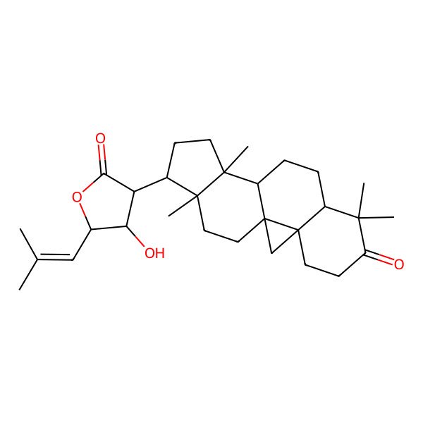 2D Structure of 4-Hydroxy-5-(2-methylprop-1-enyl)-3-(7,7,12,16-tetramethyl-6-oxo-15-pentacyclo[9.7.0.01,3.03,8.012,16]octadecanyl)oxolan-2-one
