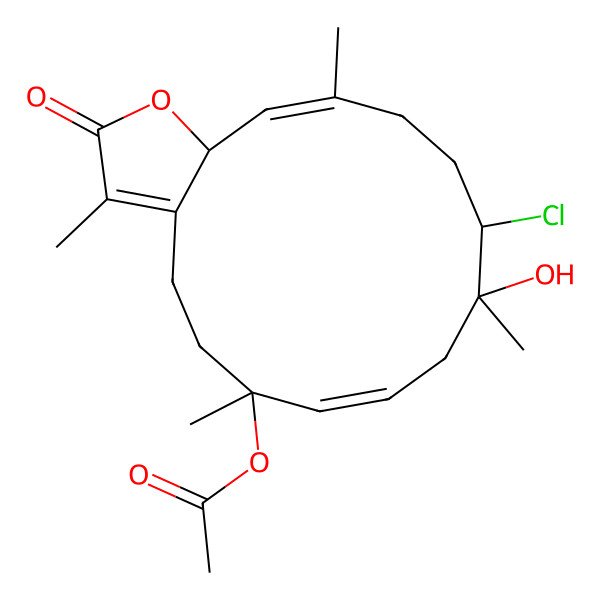 2D Structure of [(6S,7E,10R,14E,15aR)-11-chloro-10-hydroxy-3,6,10,14-tetramethyl-2-oxo-5,9,11,12,13,15a-hexahydro-4H-cyclotetradeca[b]furan-6-yl] acetate