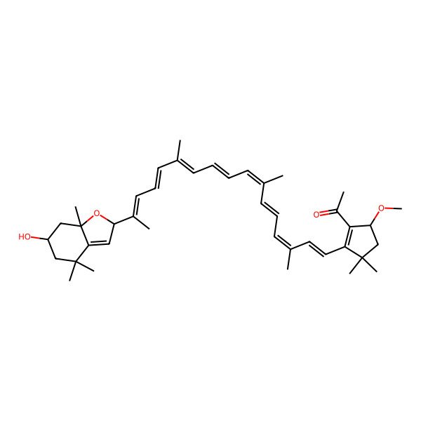 2D Structure of 1-[(5S)-2-[(1E,3E,5E,7E,9E,11E,13E,15E)-16-[(2R,6S,7aR)-6-hydroxy-4,4,7a-trimethyl-2,5,6,7-tetrahydro-1-benzofuran-2-yl]-3,7,12-trimethylheptadeca-1,3,5,7,9,11,13,15-octaenyl]-5-methoxy-3,3-dimethylcyclopenten-1-yl]ethanone