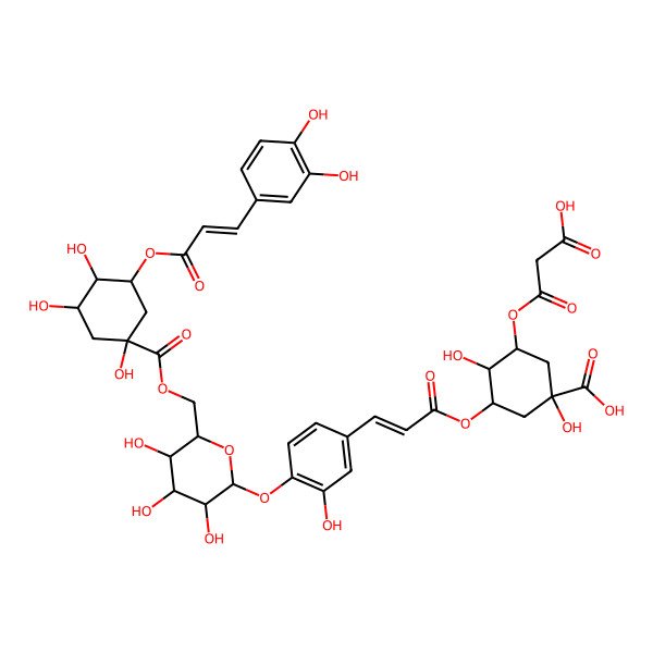 2D Structure of (1S,3R,4R,5R)-3-(2-carboxyacetyl)oxy-5-[(E)-3-[4-[(2S,3R,4S,5S,6R)-6-[[(1S,3R,4R,5R)-3-[(E)-3-(3,4-dihydroxyphenyl)prop-2-enoyl]oxy-1,4,5-trihydroxycyclohexanecarbonyl]oxymethyl]-3,4,5-trihydroxyoxan-2-yl]oxy-3-hydroxyphenyl]prop-2-enoyl]oxy-1,4-dihydroxycyclohexane-1-carboxylic acid