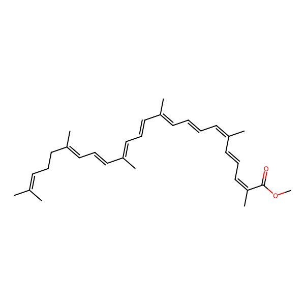 2D Structure of methyl (2E,4E,6E,8E,10E,12E,14E,16E,18E)-2,6,11,15,19,23-hexamethyltetracosa-2,4,6,8,10,12,14,16,18,22-decaenoate