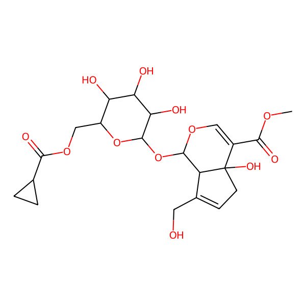2D Structure of methyl (1S,4aR,7aR)-1-[(2S,3R,4S,5S,6R)-6-(cyclopropanecarbonyloxymethyl)-3,4,5-trihydroxyoxan-2-yl]oxy-4a-hydroxy-7-(hydroxymethyl)-5,7a-dihydro-1H-cyclopenta[c]pyran-4-carboxylate