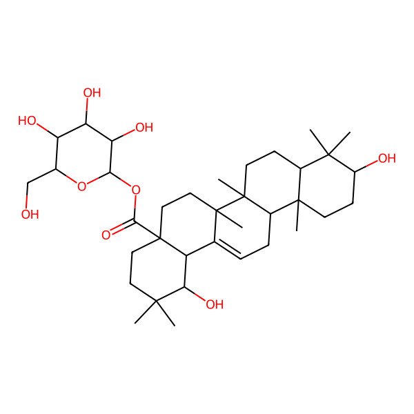 2D Structure of [3,4,5-Trihydroxy-6-(hydroxymethyl)oxan-2-yl] 1,10-dihydroxy-2,2,6a,6b,9,9,12a-heptamethyl-1,3,4,5,6,6a,7,8,8a,10,11,12,13,14b-tetradecahydropicene-4a-carboxylate