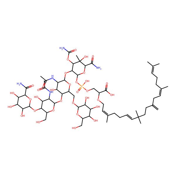 2D Structure of (2R)-3-[[(2R,5S)-3-[(2S,5S)-3-acetamido-5-[(2S,5S)-3-acetamido-5-[(2R,5R)-6-carbamoyl-3,4,5-trihydroxyoxan-2-yl]oxy-4-hydroxy-6-(hydroxymethyl)oxan-2-yl]oxy-4-hydroxy-6-[[(2R,5S)-3,4,5-trihydroxy-6-(hydroxymethyl)oxan-2-yl]oxymethyl]oxan-2-yl]oxy-6-carbamoyl-4-carbamoyloxy-5-hydroxy-5-methyloxan-2-yl]oxy-hydroxyphosphoryl]oxy-2-[(2Z,6E,13E)-3,8,8,14,18-pentamethyl-11-methylidenenonadeca-2,6,13,17-tetraenoxy]propanoic acid
