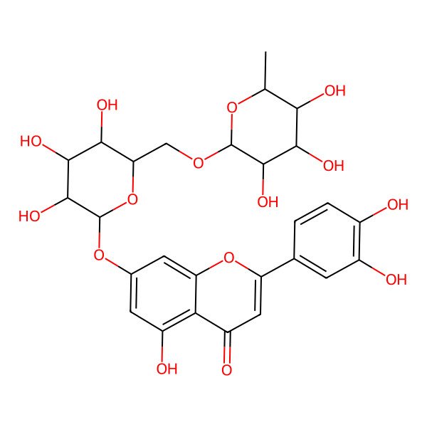 2D Structure of 2-(3,4-dihydroxyphenyl)-5-hydroxy-7-[(2S,3R,4S,5S,6R)-3,4,5-trihydroxy-6-[[(2R,3R,4S,5R,6R)-3,4,5-trihydroxy-6-methyloxan-2-yl]oxymethyl]oxan-2-yl]oxychromen-4-one