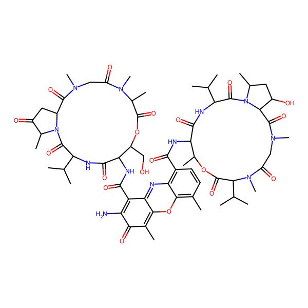2D Structure of 2-amino-1-N-[(3R,6S,7S,10R,16R,19S)-7-(hydroxymethyl)-10,11,14,19-tetramethyl-2,5,9,12,15,18-hexaoxo-3-propan-2-yl-8-oxa-1,4,11,14-tetrazabicyclo[14.3.0]nonadecan-6-yl]-9-N-[(3R,6S,7S,10R,16S,17S,19R)-17-hydroxy-7,11,14,19-tetramethyl-2,5,9,12,15-pentaoxo-3,10-di(propan-2-yl)-8-oxa-1,4,11,14-tetrazabicyclo[14.3.0]nonadecan-6-yl]-4,6-dimethyl-3-oxophenoxazine-1,9-dicarboxamide
