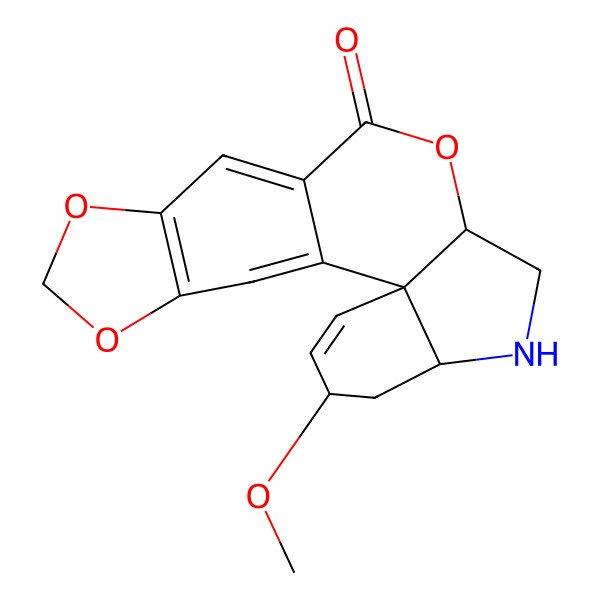 2D Structure of (1R,13R,16R,18R)-18-methoxy-5,7,12-trioxa-15-azapentacyclo[11.7.0.01,16.02,10.04,8]icosa-2,4(8),9,19-tetraen-11-one