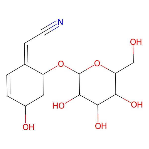 2D Structure of (2Z)-2-[(4R,6S)-4-hydroxy-6-[(2R,3R,4S,5S,6R)-3,4,5-trihydroxy-6-(hydroxymethyl)oxan-2-yl]oxycyclohex-2-en-1-ylidene]acetonitrile