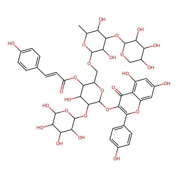 2D Structure of [6-[5,7-Dihydroxy-2-(4-hydroxyphenyl)-4-oxochromen-3-yl]oxy-2-[[3,5-dihydroxy-6-methyl-4-(3,4,5-trihydroxyoxan-2-yl)oxyoxan-2-yl]oxymethyl]-4-hydroxy-5-(3,4,5,6-tetrahydroxyoxan-2-yl)oxyoxan-3-yl] 3-(4-hydroxyphenyl)prop-2-enoate