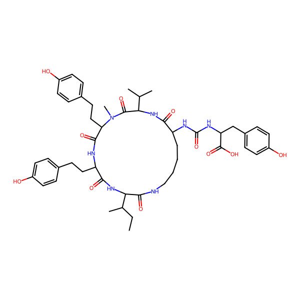 2D Structure of (2S)-2-[[(3S,6S,9S,12S,15R)-3-[(2S)-butan-2-yl]-6,9-bis[2-(4-hydroxyphenyl)ethyl]-10-methyl-2,5,8,11,14-pentaoxo-12-propan-2-yl-1,4,7,10,13-pentazacyclononadec-15-yl]carbamoylamino]-3-(4-hydroxyphenyl)propanoic acid