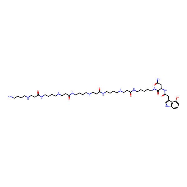 2D Structure of (2S)-N-[5-[3-[4-[3-[4-[3-[4-[3-(4-aminobutylamino)propanoylamino]butylamino]propanoylamino]butylamino]propanoylamino]butylamino]propanoylamino]pentyl]-2-[[2-(4-hydroxy-1H-indol-3-yl)acetyl]amino]butanediamide