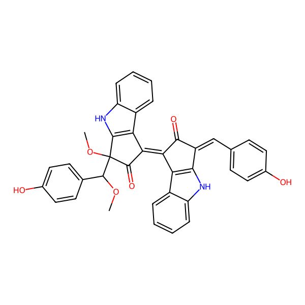 2D Structure of (1E,3S)-3-[(S)-(4-hydroxyphenyl)-methoxymethyl]-1-[(3E)-3-[(4-hydroxyphenyl)methylidene]-2-oxo-4H-cyclopenta[b]indol-1-ylidene]-3-methoxy-4H-cyclopenta[b]indol-2-one