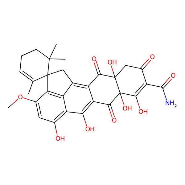 2D Structure of 4',8',9',12',14'-Pentahydroxy-16'-methoxy-1,5,5-trimethyl-3',6',10'-trioxospiro[cyclohexene-6,18'-pentacyclo[11.6.1.02,11.04,9.017,20]icosa-1(20),2(11),7,12,14,16-hexaene]-7'-carboxamide