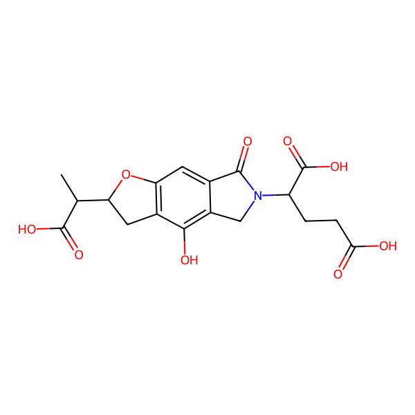 2D Structure of (2R)-2-[(2R)-2-[(1R)-1-carboxyethyl]-4-hydroxy-7-oxo-3,5-dihydro-2H-furo[2,3-f]isoindol-6-yl]pentanedioic acid