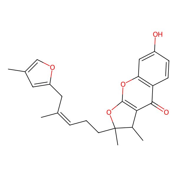 2D Structure of (2S,3S)-7-hydroxy-2,3-dimethyl-2-[(E)-4-methyl-5-(4-methylfuran-2-yl)pent-3-enyl]-3H-furo[2,3-b]chromen-4-one