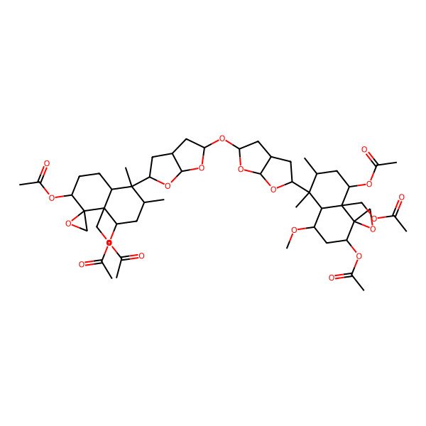 2D Structure of [(3S,4R,4aR,5S,7R,8S,8aR)-8-[(2S,3aS,5R,6aS)-5-[[(2S,3aS,5S,6aS)-2-[(1S,2R,4S,4aR,5R,6S,8R,8aR)-4,6-diacetyloxy-4a-(acetyloxymethyl)-8-methoxy-1,2-dimethylspiro[3,4,6,7,8,8a-hexahydro-2H-naphthalene-5,2'-oxirane]-1-yl]-2,3,3a,4,5,6a-hexahydrofuro[2,3-b]furan-5-yl]oxy]-2,3,3a,4,5,6a-hexahydrofuro[2,3-b]furan-2-yl]-3,5-diacetyloxy-7,8-dimethylspiro[2,3,5,6,7,8a-hexahydro-1H-naphthalene-4,2'-oxirane]-4a-yl]methyl acetate