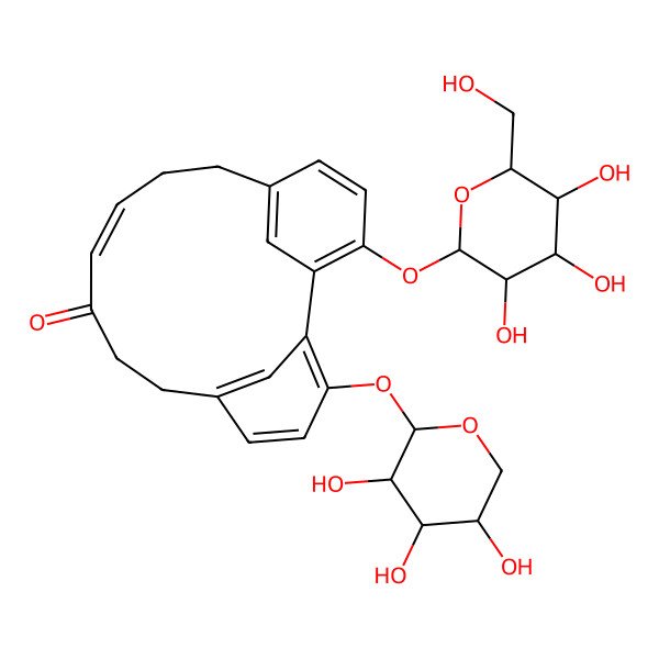 2D Structure of (10E)-17-[(2S,3R,4S,5S,6R)-3,4,5-trihydroxy-6-(hydroxymethyl)oxan-2-yl]oxy-3-[(2S,3R,4S,5S)-3,4,5-trihydroxyoxan-2-yl]oxytricyclo[12.3.1.12,6]nonadeca-1(17),2,4,6(19),10,14(18),15-heptaen-9-one