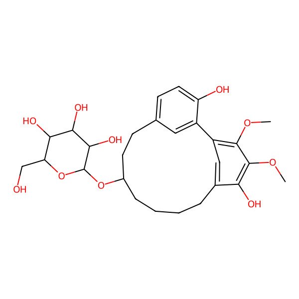 2D Structure of (2R,3R,4S,5S,6R)-2-[[(9S)-3,15-dihydroxy-16,17-dimethoxy-9-tricyclo[12.3.1.12,6]nonadeca-1(17),2,4,6(19),14(18),15-hexaenyl]oxy]-6-(hydroxymethyl)oxane-3,4,5-triol