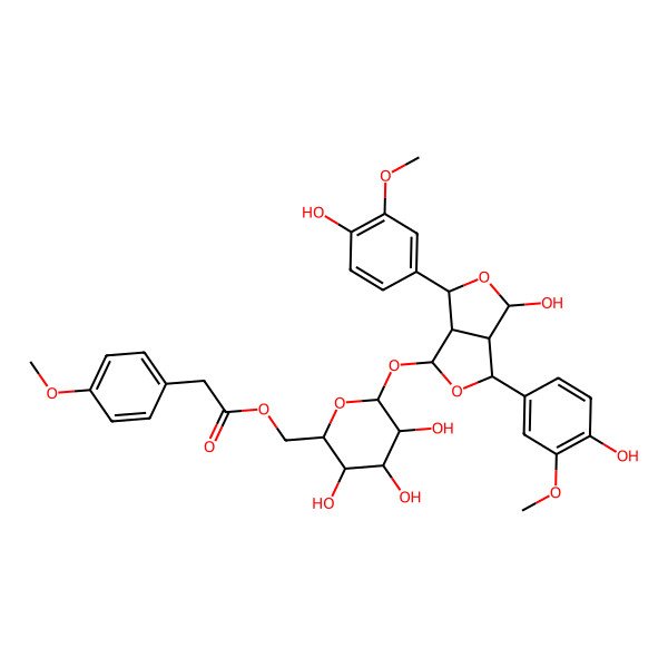 2D Structure of [3,4,5-Trihydroxy-6-[[3-hydroxy-1,4-bis(4-hydroxy-3-methoxyphenyl)-1,3,3a,4,6,6a-hexahydrofuro[3,4-c]furan-6-yl]oxy]oxan-2-yl]methyl 2-(4-methoxyphenyl)acetate