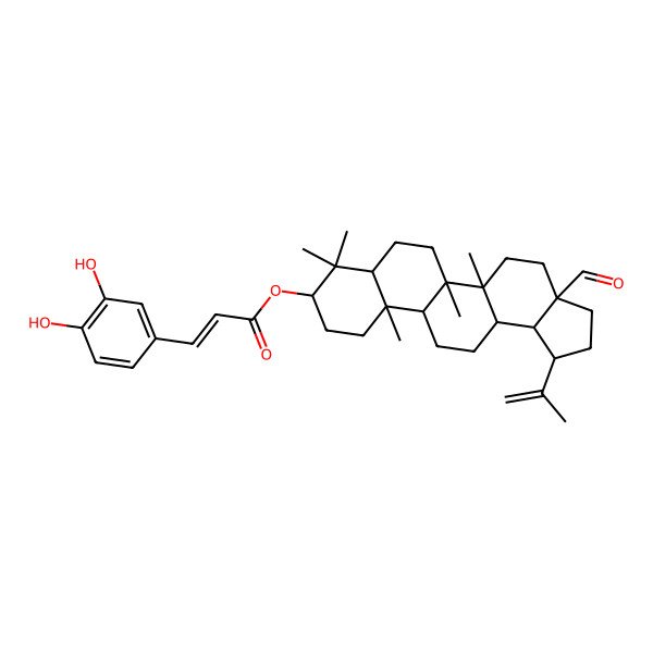 2D Structure of [(1R,3aS,5aR,5bR,7aR,9S,11aR,11bR,13aR,13bR)-3a-formyl-5a,5b,8,8,11a-pentamethyl-1-prop-1-en-2-yl-1,2,3,4,5,6,7,7a,9,10,11,11b,12,13,13a,13b-hexadecahydrocyclopenta[a]chrysen-9-yl] (E)-3-(3,4-dihydroxyphenyl)prop-2-enoate