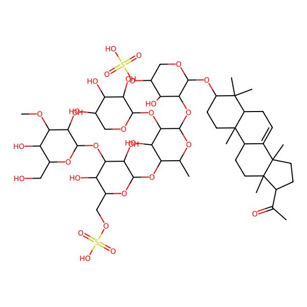2D Structure of [(3R,4R,5R,6S)-6-[[(3S,5R,9R,10R,13R,14R,17S)-17-acetyl-4,4,10,13,14-pentamethyl-2,3,5,6,9,11,12,15,16,17-decahydro-1H-cyclopenta[a]phenanthren-3-yl]oxy]-5-[(2S,3R,4S,5S,6R)-5-[(2S,3R,4S,5R,6R)-4-[(2S,3R,4S,5R,6R)-3,5-dihydroxy-6-(hydroxymethyl)-4-methoxyoxan-2-yl]oxy-3,5-dihydroxy-6-(sulfooxymethyl)oxan-2-yl]oxy-4-hydroxy-6-methyl-3-[(2S,3R,4S,5R)-3,4,5-trihydroxyoxan-2-yl]oxyoxan-2-yl]oxy-4-hydroxyoxan-3-yl] hydrogen sulfate