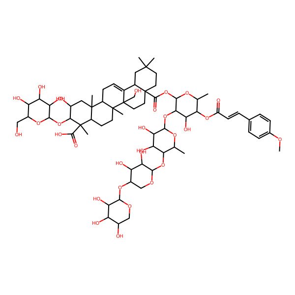 2D Structure of (2S,3R,4S,4aR,6aR,6bR,8aS,12aS,14aR,14bR)-8a-[(2R,3S,4R,5S,6S)-3-[(2R,3S,4R,5S,6R)-5-[(2S,3R,4R,5R)-3,4-dihydroxy-5-[(2S,3R,4S,5S)-3,4,5-trihydroxyoxan-2-yl]oxyoxan-2-yl]oxy-3,4-dihydroxy-6-methyloxan-2-yl]oxy-4-hydroxy-5-[(Z)-3-(4-methoxyphenyl)prop-2-enoyl]oxy-6-methyloxan-2-yl]oxycarbonyl-2-hydroxy-6b-(hydroxymethyl)-4,6a,11,11,14b-pentamethyl-3-[(2R,3R,4S,5S,6R)-3,4,5-trihydroxy-6-(hydroxymethyl)oxan-2-yl]oxy-1,2,3,4a,5,6,7,8,9,10,12,12a,14,14a-tetradecahydropicene-4-carboxylic acid