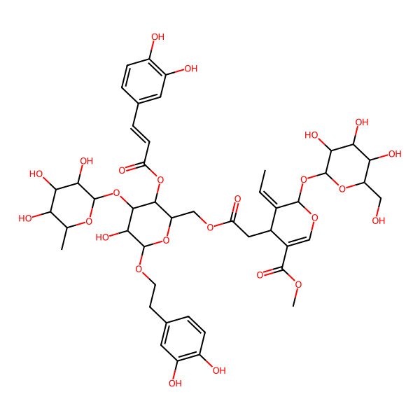 2D Structure of methyl 4-[2-[[6-[2-(3,4-dihydroxyphenyl)ethoxy]-3-[3-(3,4-dihydroxyphenyl)prop-2-enoyloxy]-5-hydroxy-4-(3,4,5-trihydroxy-6-methyloxan-2-yl)oxyoxan-2-yl]methoxy]-2-oxoethyl]-5-ethylidene-6-[3,4,5-trihydroxy-6-(hydroxymethyl)oxan-2-yl]oxy-4H-pyran-3-carboxylate