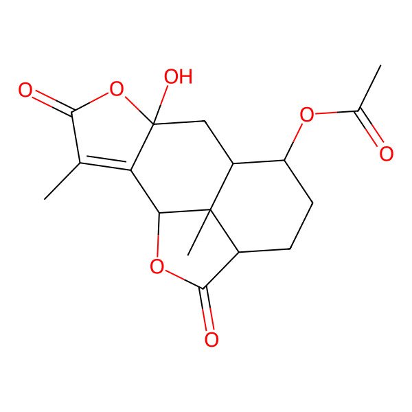 2D Structure of (6-Hydroxy-3,15-dimethyl-4,13-dioxo-5,14-dioxatetracyclo[6.6.1.02,6.012,15]pentadec-2-en-9-yl) acetate