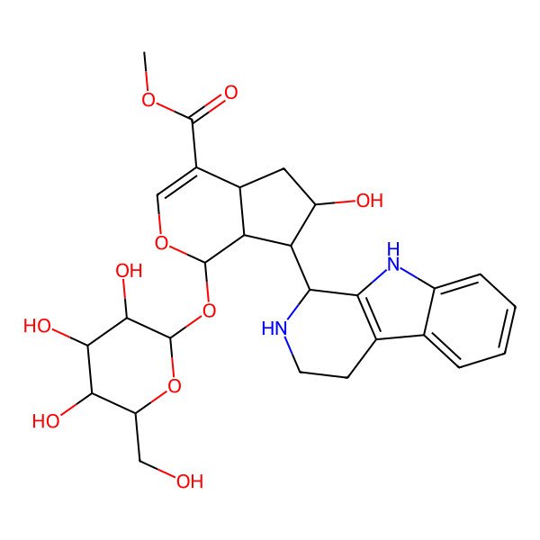 2D Structure of methyl 6-hydroxy-7-(2,3,4,9-tetrahydro-1H-pyrido[3,4-b]indol-1-yl)-1-[3,4,5-trihydroxy-6-(hydroxymethyl)oxan-2-yl]oxy-1,4a,5,6,7,7a-hexahydrocyclopenta[c]pyran-4-carboxylate