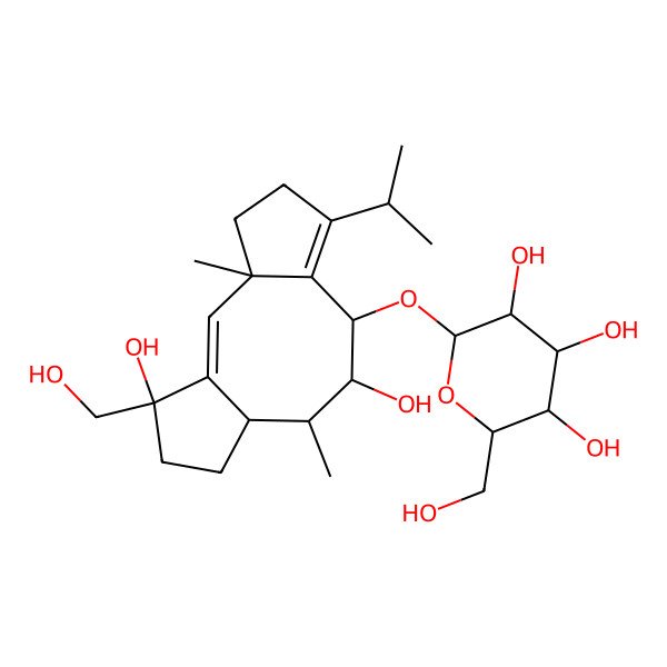 2D Structure of 2-[[9,14-Dihydroxy-14-(hydroxymethyl)-3,10-dimethyl-6-propan-2-yl-8-tricyclo[9.3.0.03,7]tetradeca-1,6-dienyl]oxy]-6-(hydroxymethyl)oxane-3,4,5-triol