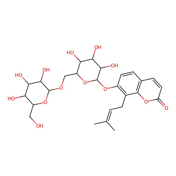 2D Structure of 8-(3-Methylbut-2-enyl)-7-[3,4,5-trihydroxy-6-[[3,4,5-trihydroxy-6-(hydroxymethyl)oxan-2-yl]oxymethyl]oxan-2-yl]oxychromen-2-one