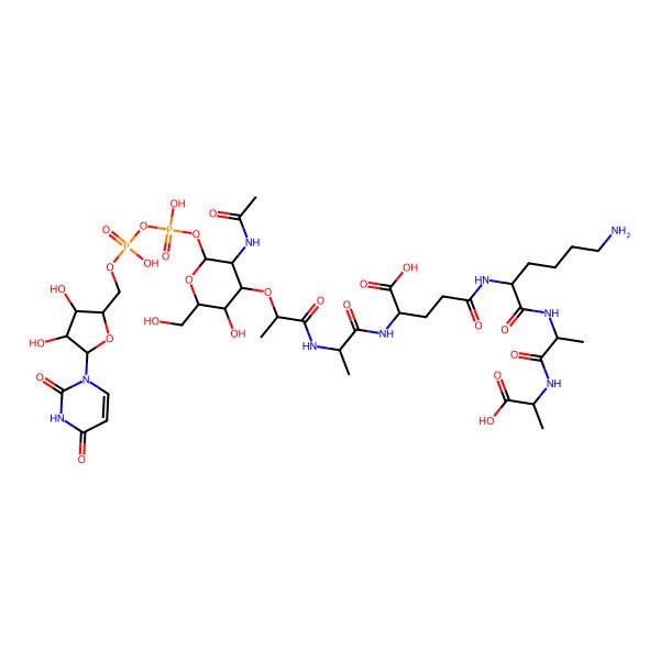 2D Structure of (2S)-2-[[(2R)-2-[[(2S)-2-[(2R,3R,4R,5S,6S)-3-acetamido-2-[[[(2S,3S,4R,5S)-5-(2,4-dioxopyrimidin-1-yl)-3,4-dihydroxyoxolan-2-yl]methoxy-hydroxyphosphoryl]oxy-hydroxyphosphoryl]oxy-5-hydroxy-6-(hydroxymethyl)oxan-4-yl]oxypropanoyl]amino]propanoyl]amino]-5-[[(2R)-6-amino-1-[[(2S)-1-[[(1S)-1-carboxyethyl]amino]-1-oxopropan-2-yl]amino]-1-oxohexan-2-yl]amino]-5-oxopentanoic acid